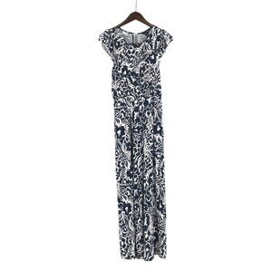 NWT Aqua Womens Medium Jumpsuit Floral Navy White Ruffle Sleeves Coastal Casual